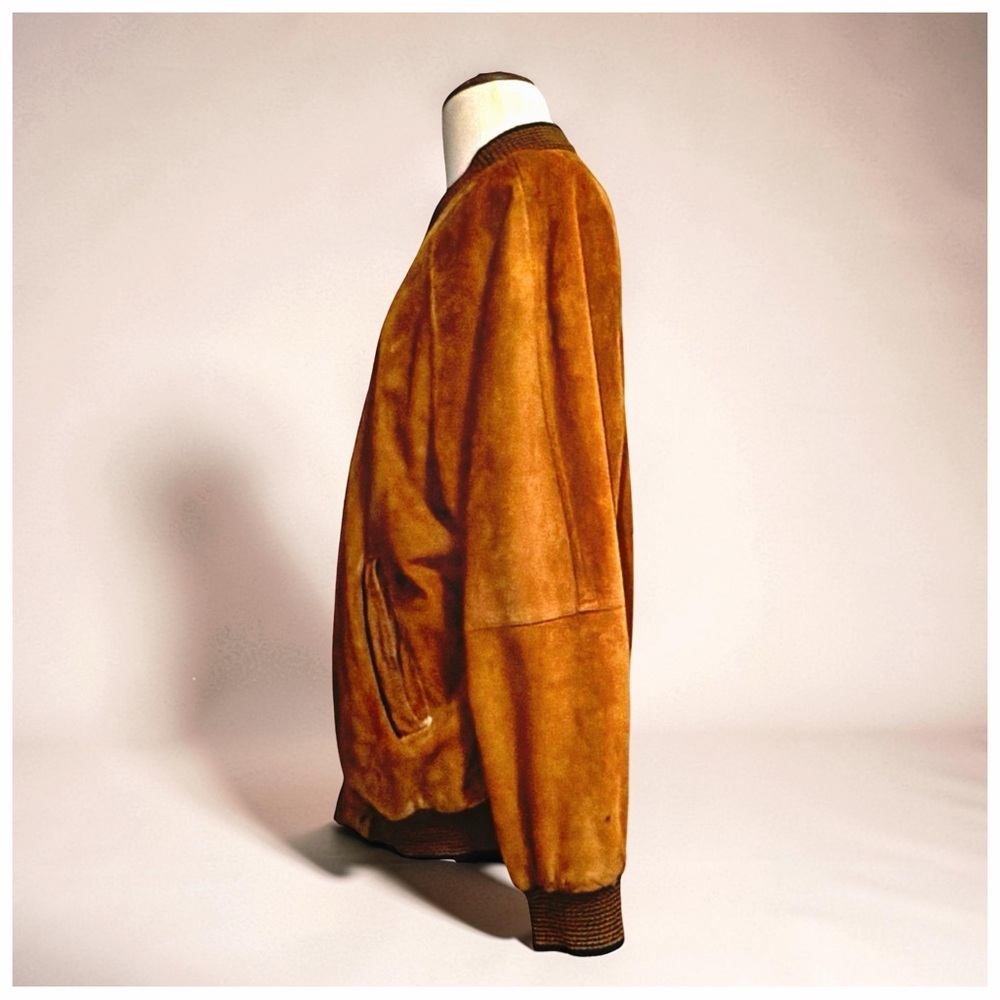 Bijan Men’s Goatskin Suede Bomber Jacket Caramel Cognac Rib Knit Luxury | Large - Picture 5 of 13